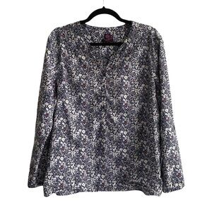 LIBERTY ART FABRICS Floral Print Cotton Popover Blouse Blue White XL